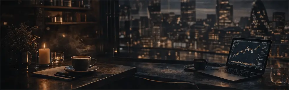 Trading desk by the London skyline