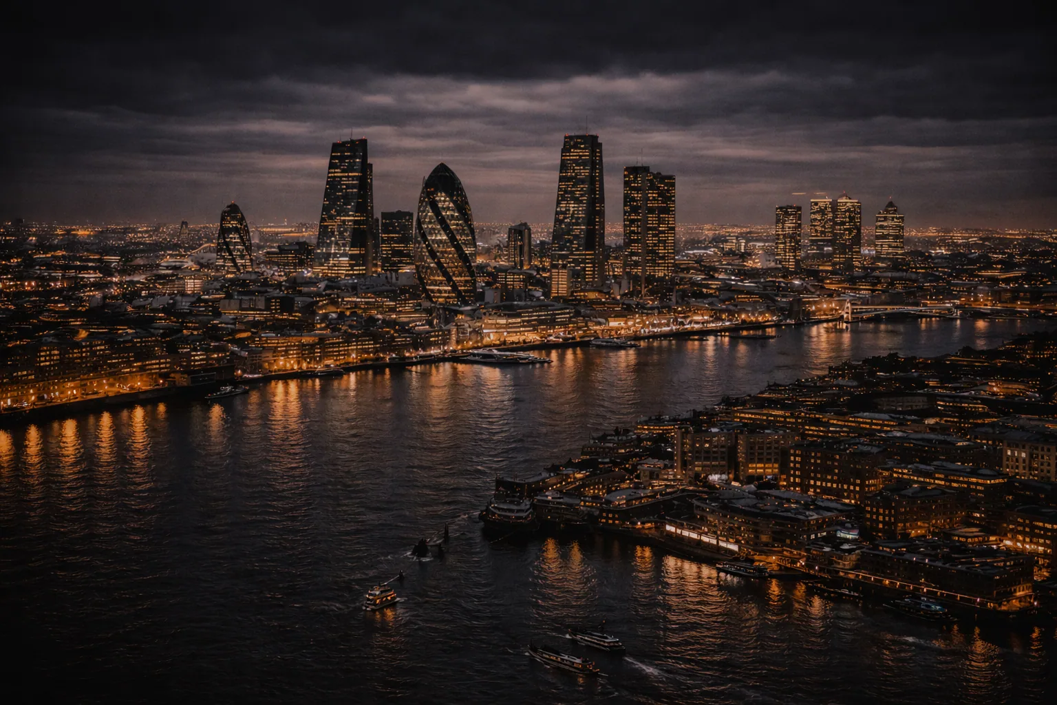 Trader studying charts with London skyline at night
